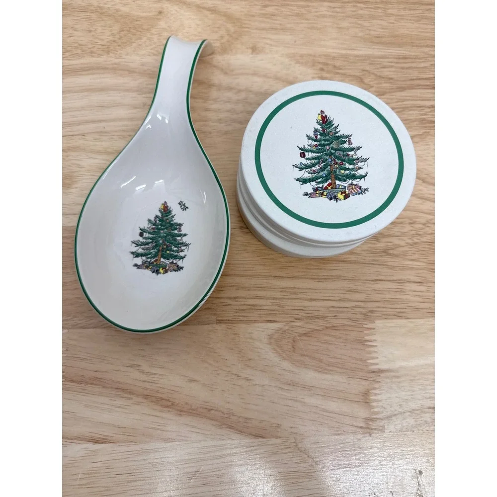 Spode Christmas Tree Spoon Rest/ 8 Cork Backed Coasters Set Holiday Kitchen #68